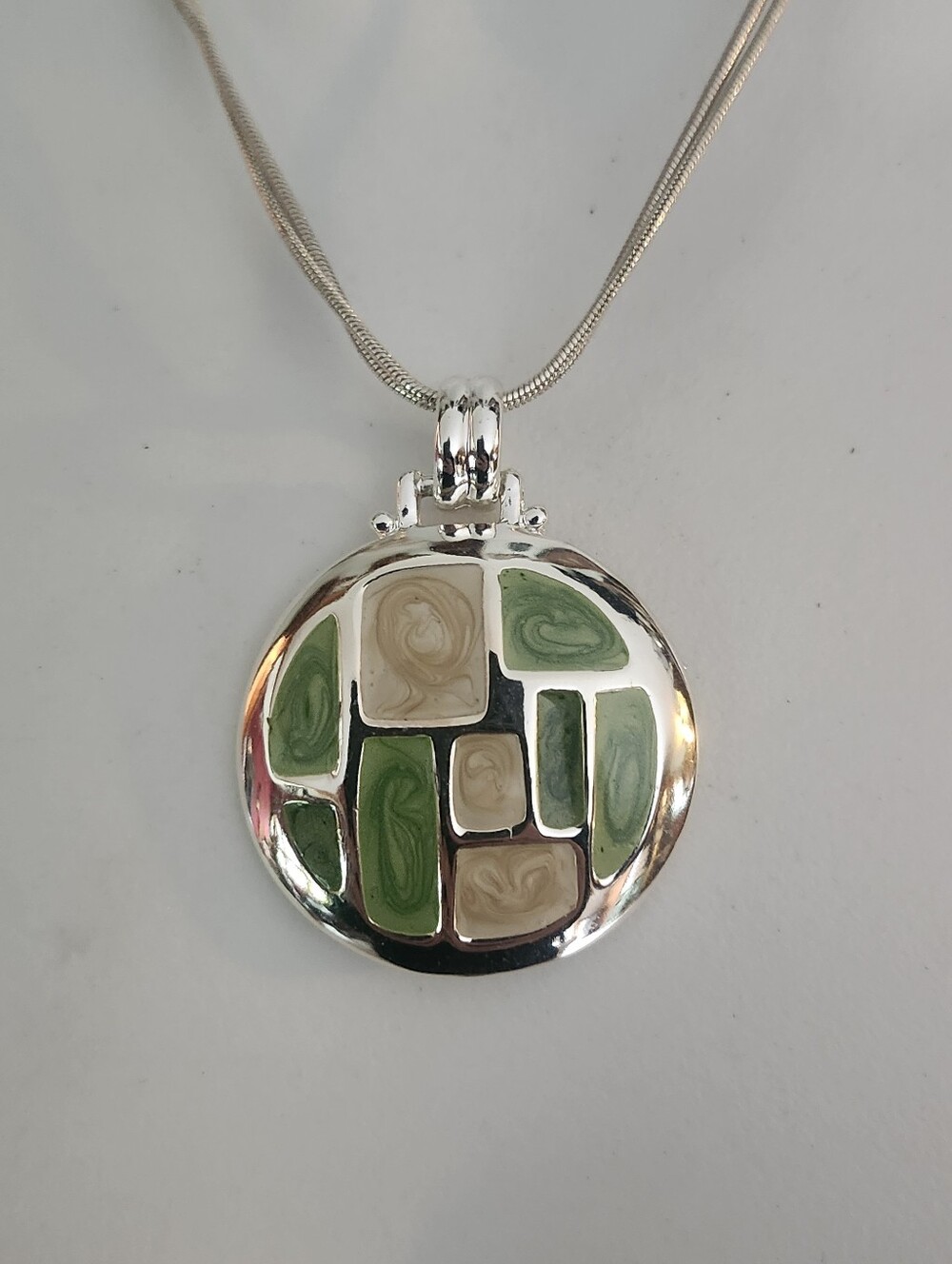 Kenneth Cole Round Green and Cream Mosaic Pendant Necklace